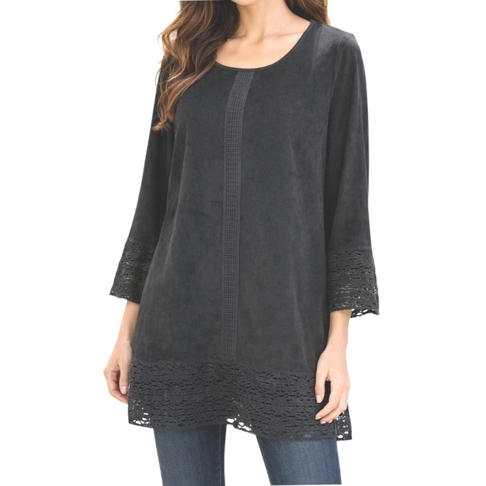 Soft Surroundings Women's Large Lg Black Faux Suede Crochet Lace Trim Tunic Top